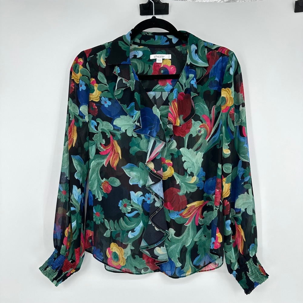 Chico's 0 Black Green Floral Ruffle Long Sleeve Blouse Sheer Chiffon 4